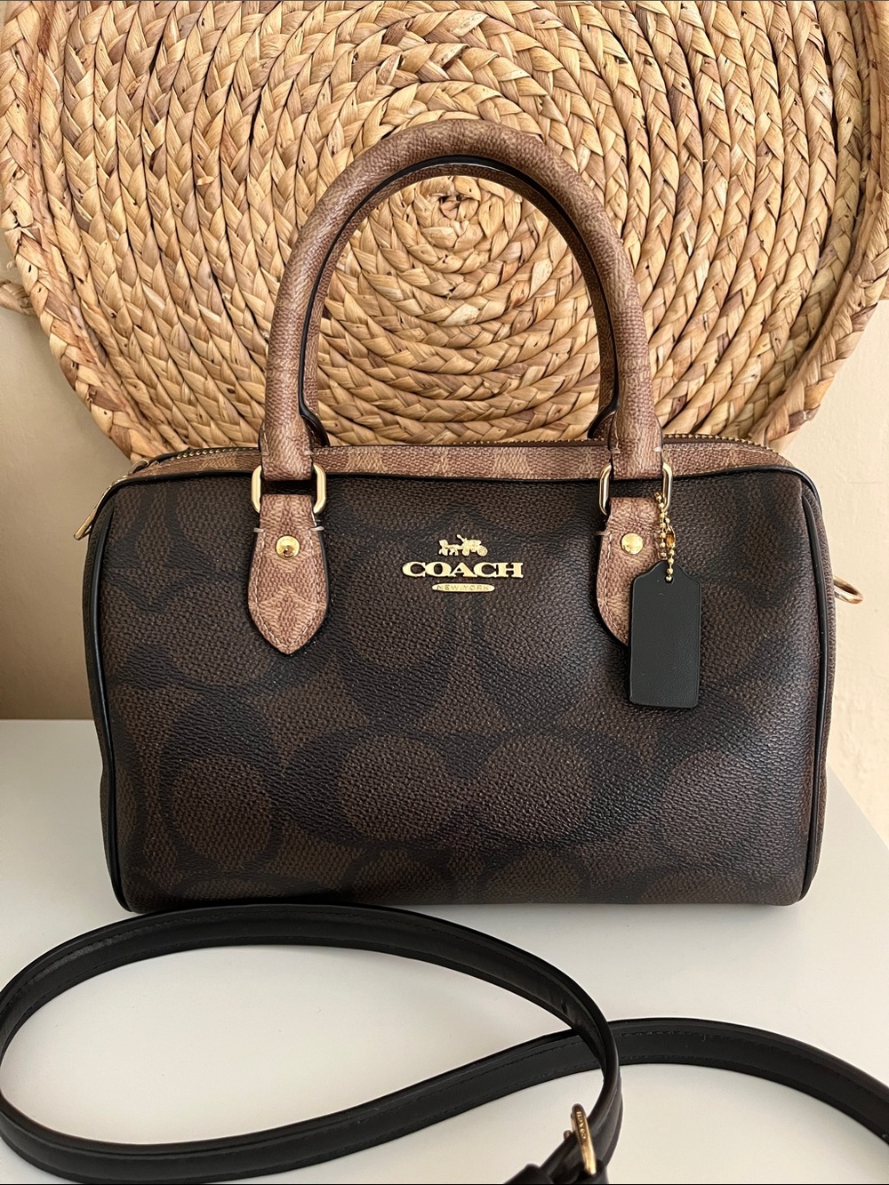 Coach Rowan Brown and Black Signature Crossbody Satchel